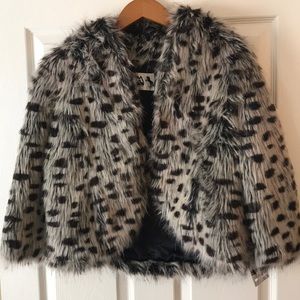 Faux snow leopard fur crop coat